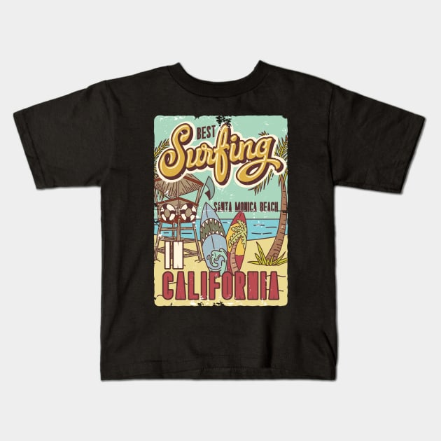 Surfing Santa Monica Beach Kids T-Shirt by JunkyDotCom